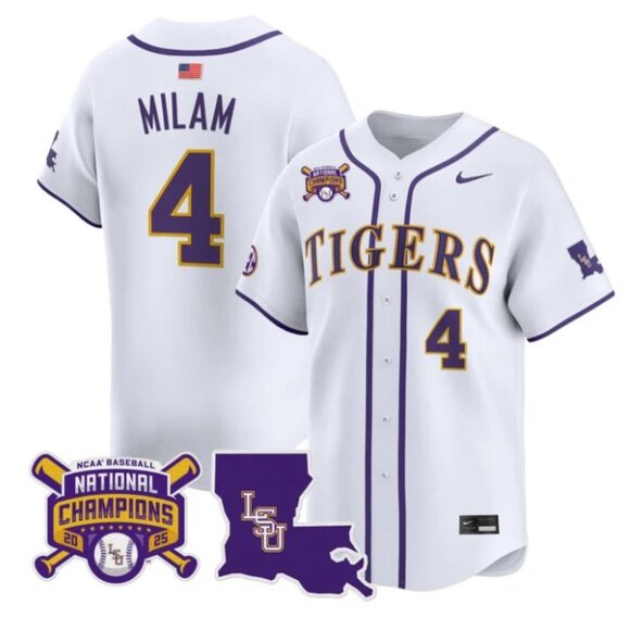 Mens Youths Kids Womens Steven Milam LSU Tigers 2025 CH Stitched White Jersey